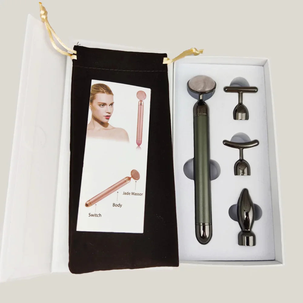 Set de Masaje Facial Premium con Rodillos de Jade Natural y Cuarzo Rosa – 4 en 1 con Estuche de Lujo