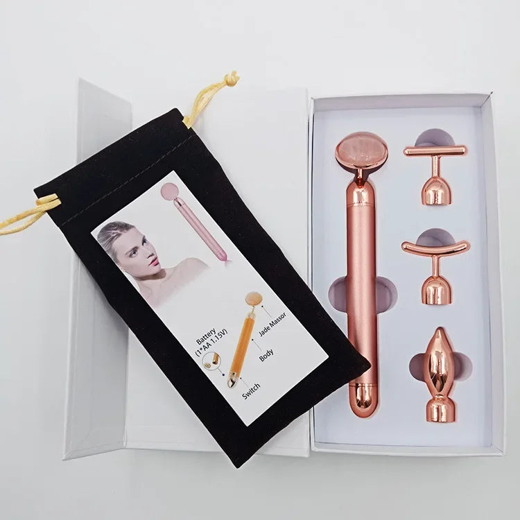 Set de Masaje Facial Premium con Rodillos de Jade Natural y Cuarzo Rosa – 4 en 1 con Estuche de Lujo